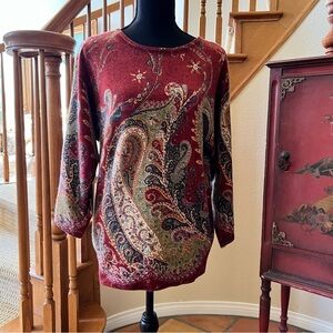 Neiman Marcus Paisley Cashmere Sweater  Size Medium Wine Color Scheme